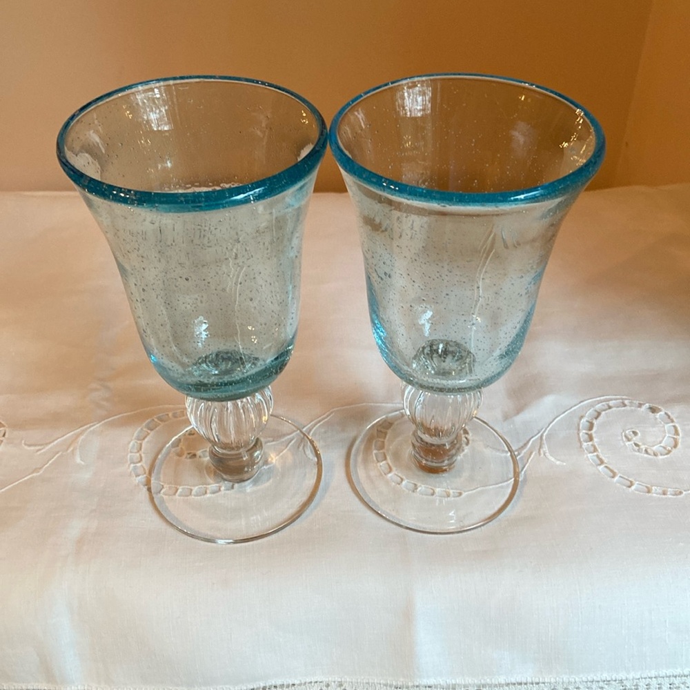 Recycled Glass Water Goblets Set of 2 Light Blue Clear Stem with Ball in Center